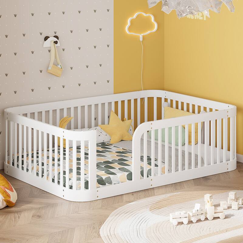 Full Size Wood Floor Bed Frame with Fence, White - Safe and Stylish for Kids - White