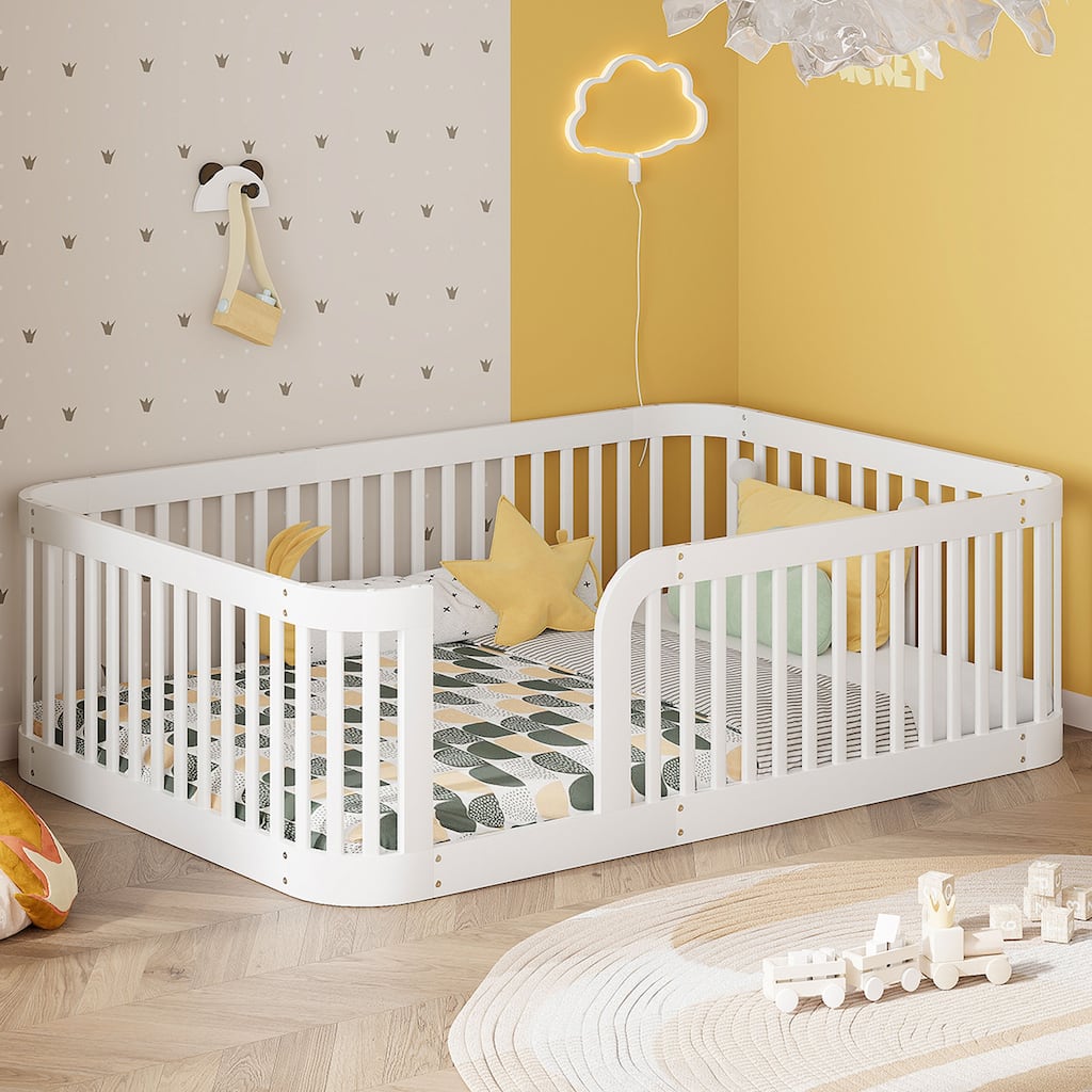 Full Size Wood Floor Bed Frame with Fence, White - Safe and Stylish for Kids