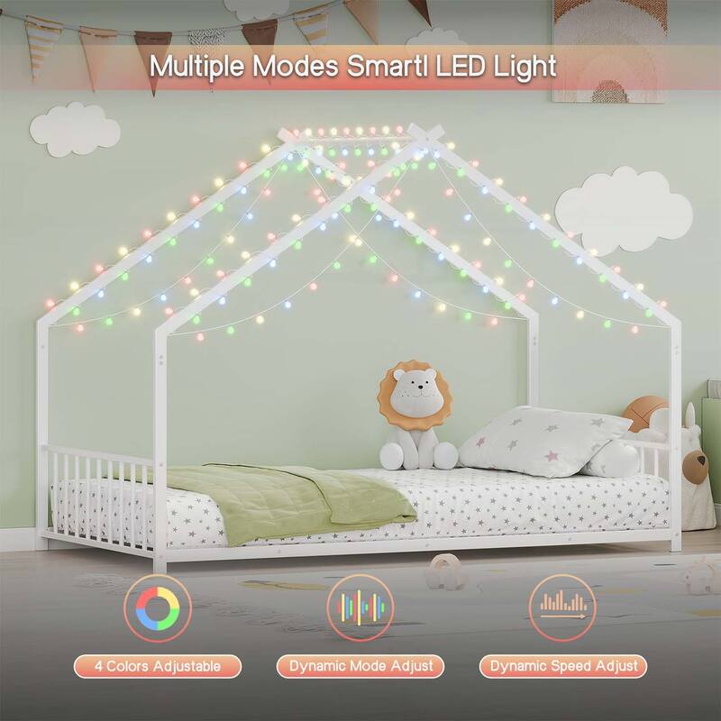 Platform Bed with LED light strips,roof-shaped iron frame,and low profile design for safety and style