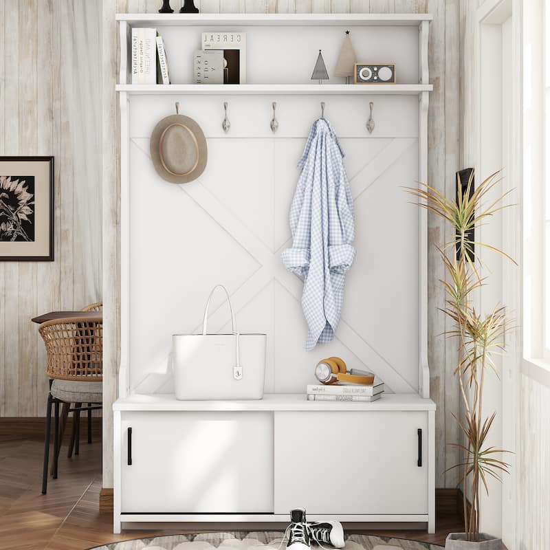 47.2"W Hall Tree Entryway Bench with Coat Rack with 5 Hanging Hooks and Shoe Cabinet