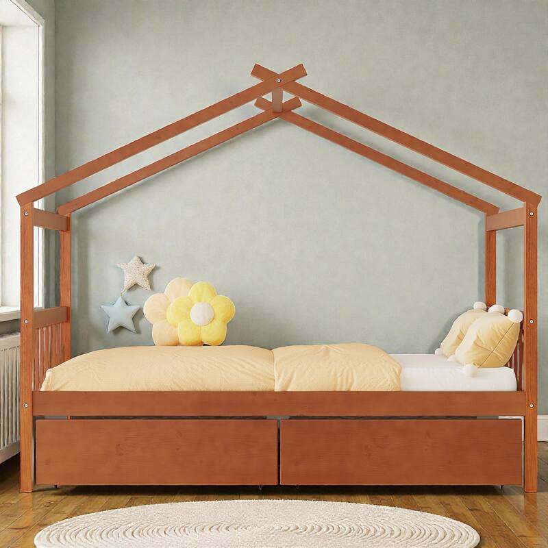 Twin/Full Size Wooden House Bed with Roof and 2 Drawers, Kids Platform Bed with Storage, Solid Pine Frame - Walnut - Twin