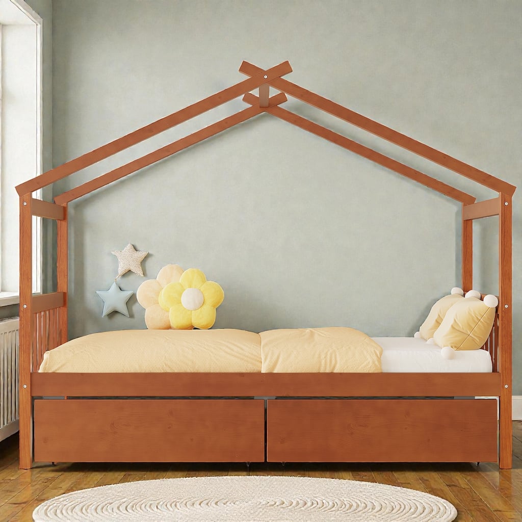 Twin/Full Size Wooden House Bed with Roof and 2 Drawers, Kids Platform Bed with Storage, Solid Pine Frame