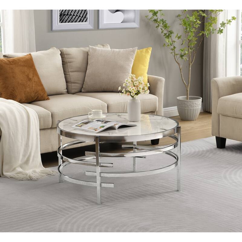 32.48'' Chrome Round Coffee Table With Sintered Stone Top&Sturdy Metal Frame, Modern Coffee Table