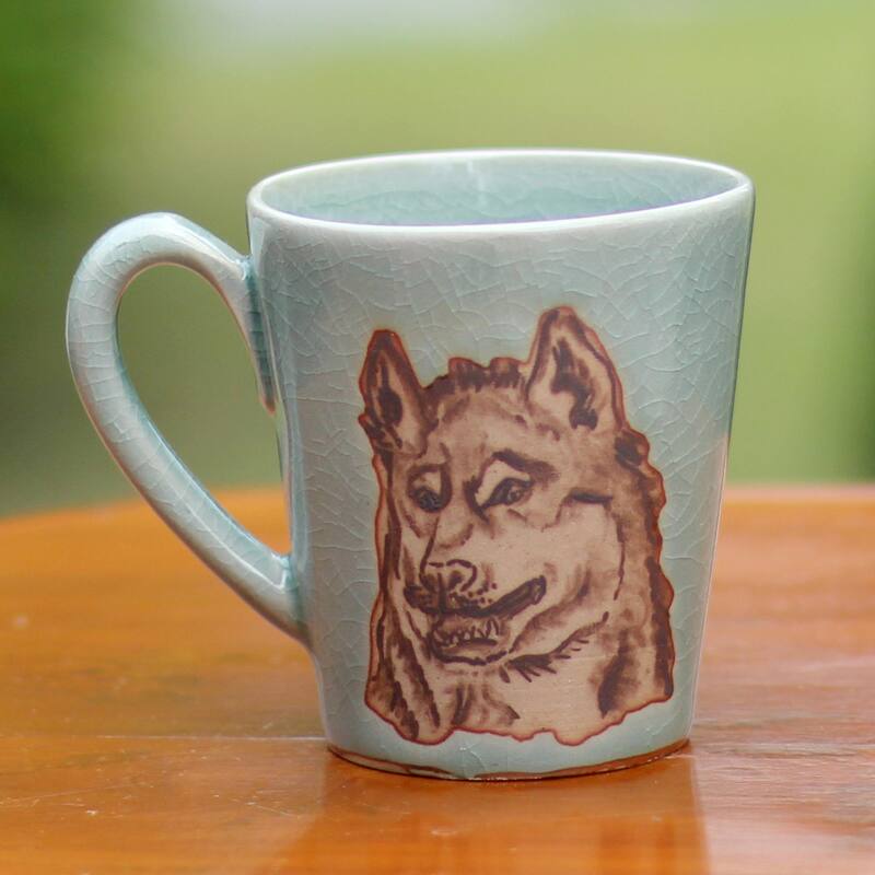 Novica Handmade Lupine Libation Celadon Ceramic Mug