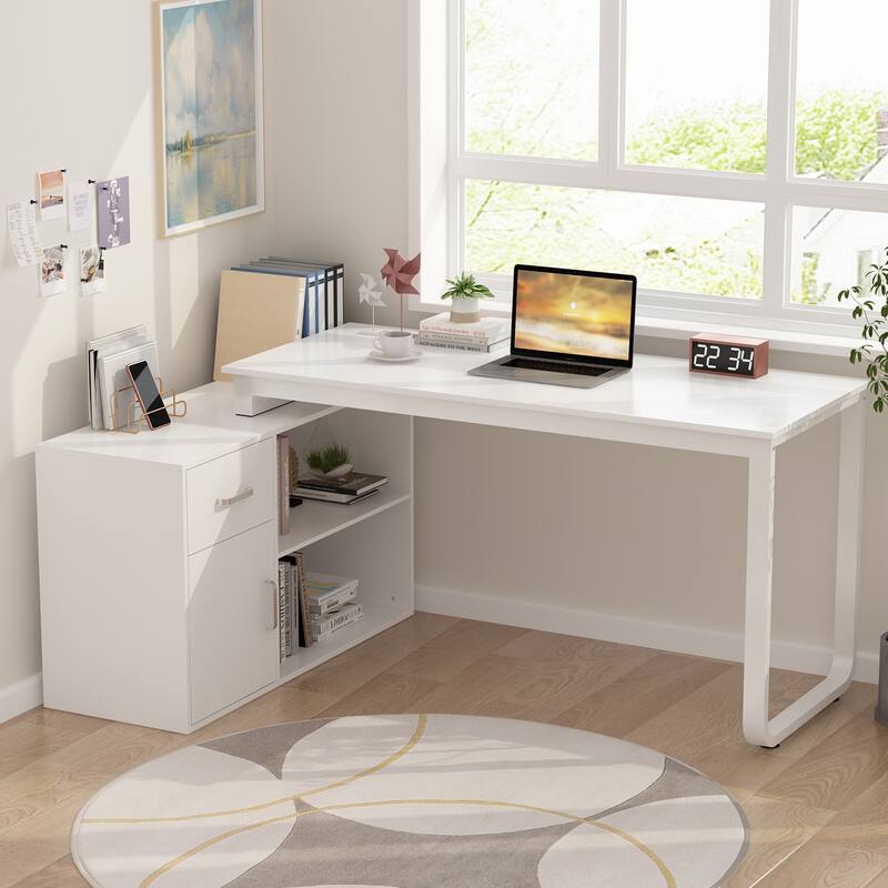 White Reversible L Shape Desk Rotating Desk Working Desk Computer