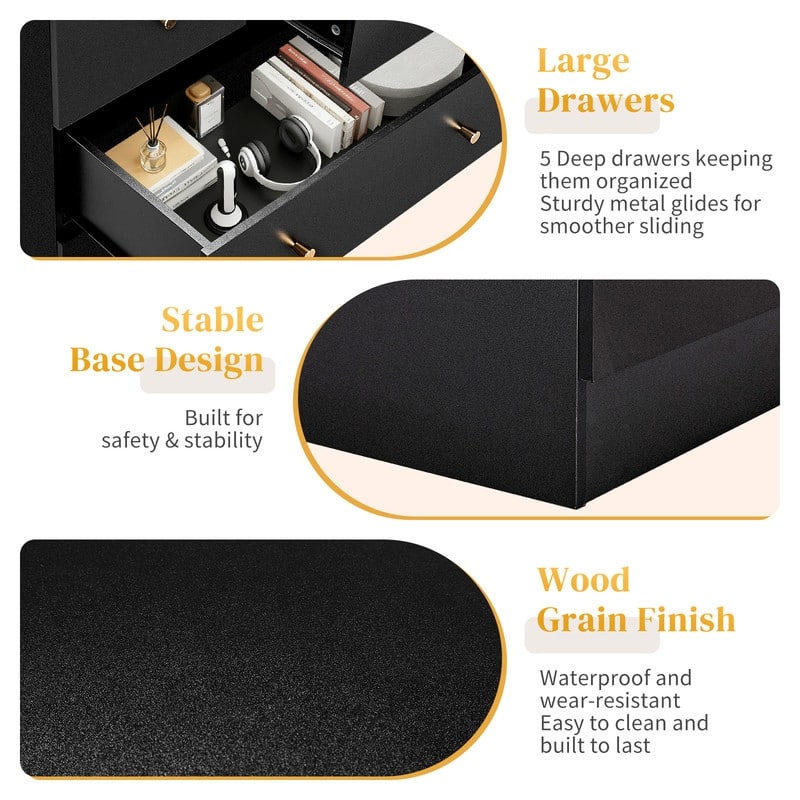5-Drawer Dresser For Bedroom And Chest Of Drawers With Sturdy Construction Wood Storage Organizer For Closet