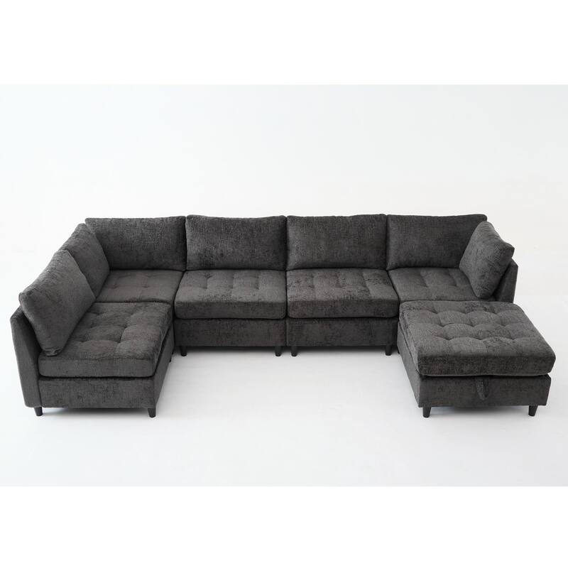 128" Chenille U-Shaped Modular Sectional Sofa with Storage Ottoman, Pocket Spring Support, and 6-Seat Configurable Design