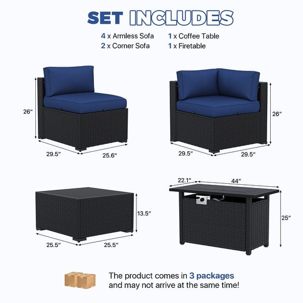 dimension image slide 3 of 12, AOXUN Fire Pit Conversation Set Rattan Sofa Set Outdoor Furniture With Cushions