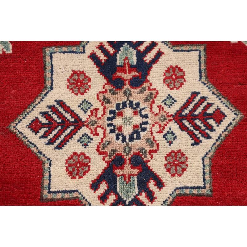 Kazak Accent Rug Hand-Knotted Red Geometric Wool Carpet - 3'4" x 5'0"