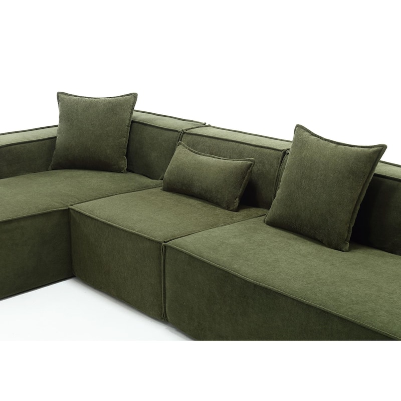 Green 129.5'' L-Shaped 4-Seater Modular Sofa Set with Chaise in Soft Terrycloth Fabric