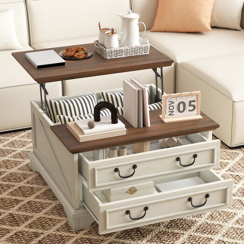 Moasis Farmhouse Lift Top Coffee Table w/2 Drawers Hidden Compartment and Storage, Square/Rectangular