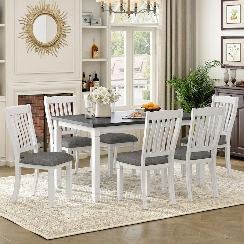 7 Piece Dining Table Set, Wooden Kitchen Furniture Set with Rectangle Table and 6 Upholstered Chairs with Shaped Legs