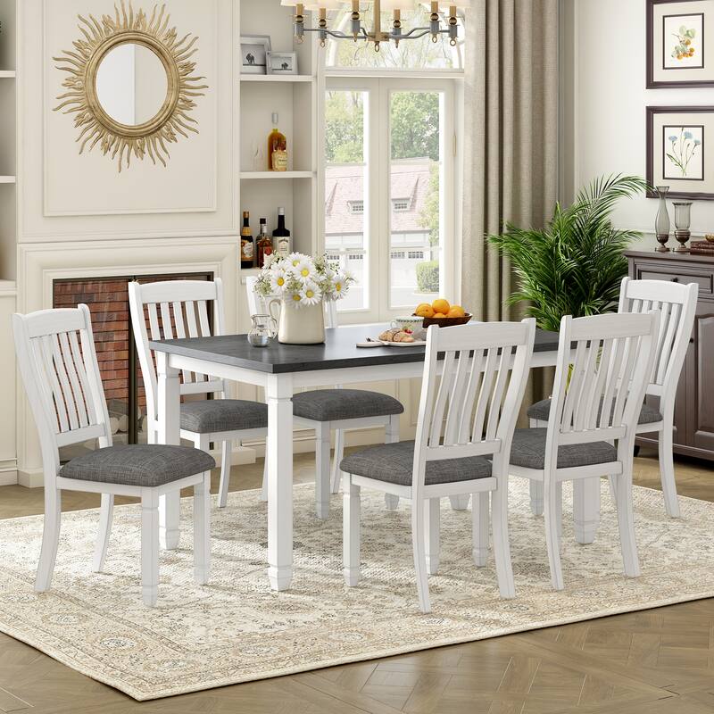 7-Piece Dining Table Set for 6 with Upholstered Chairs, Wood Dining Table Set with Shaped Legs for Kitchen & Dining Room
