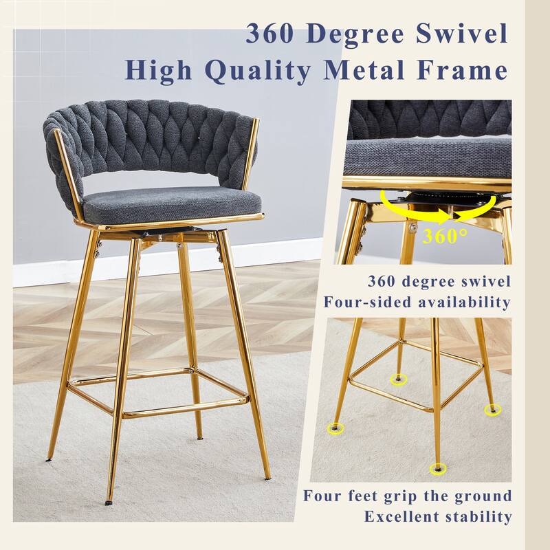 Four-piece rotating swivel chair, black cotton and linen soft seat surface, golden metal legs, rust-proof and wear-resis