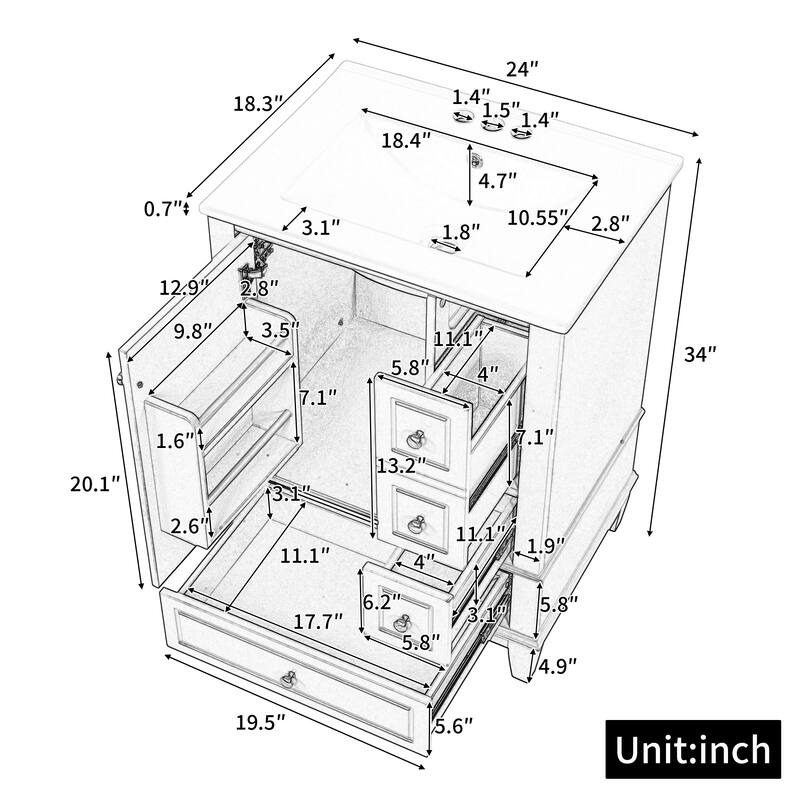 24" Freestanding Bathroom Vanity with Sink - Ceramic Top, Drawers & Shelves, MDF & Solid Wood Base, for Small Bathrooms
