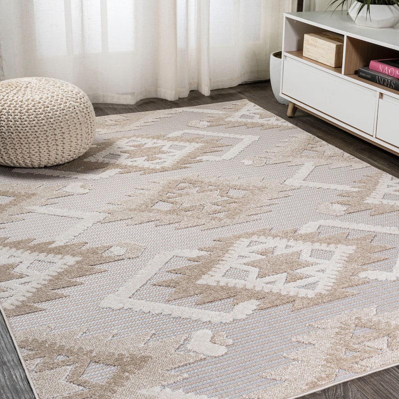 JONATHAN Y Duwun High-Low Pile Neutral Diamond Kilim Indoor/Outdoor Area Rug