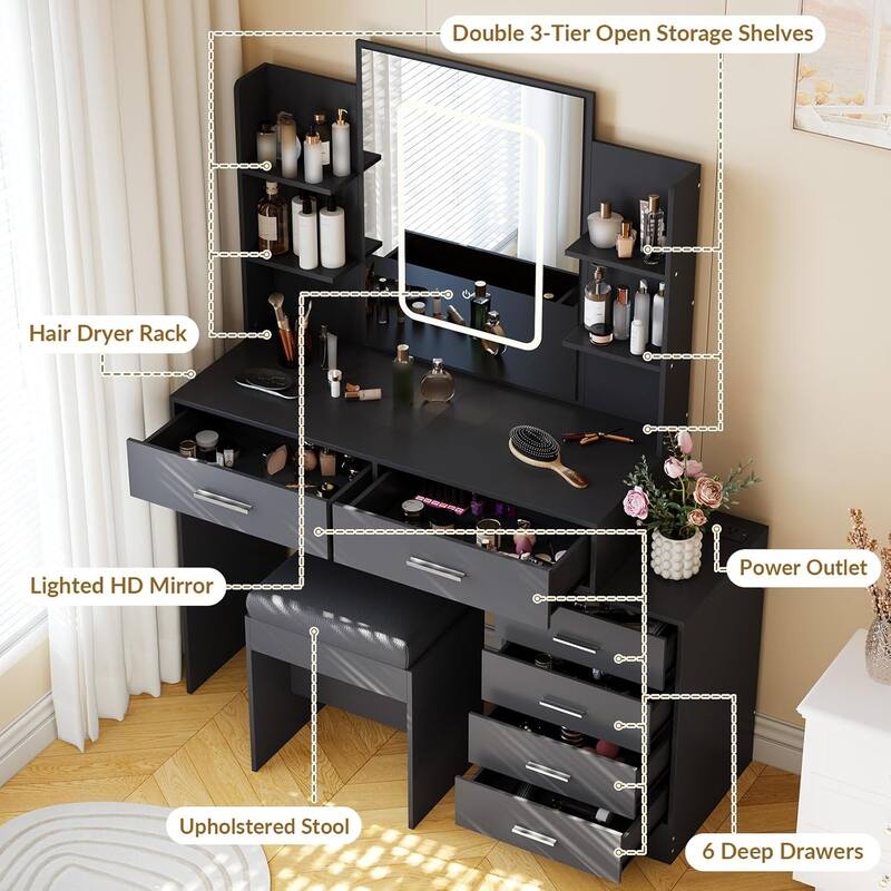 Vanity Desk with Mirror, LED Lights & Power Outlet, Makeup Table with 6 Drawers, 6 Shelves & Stool for Bedroom