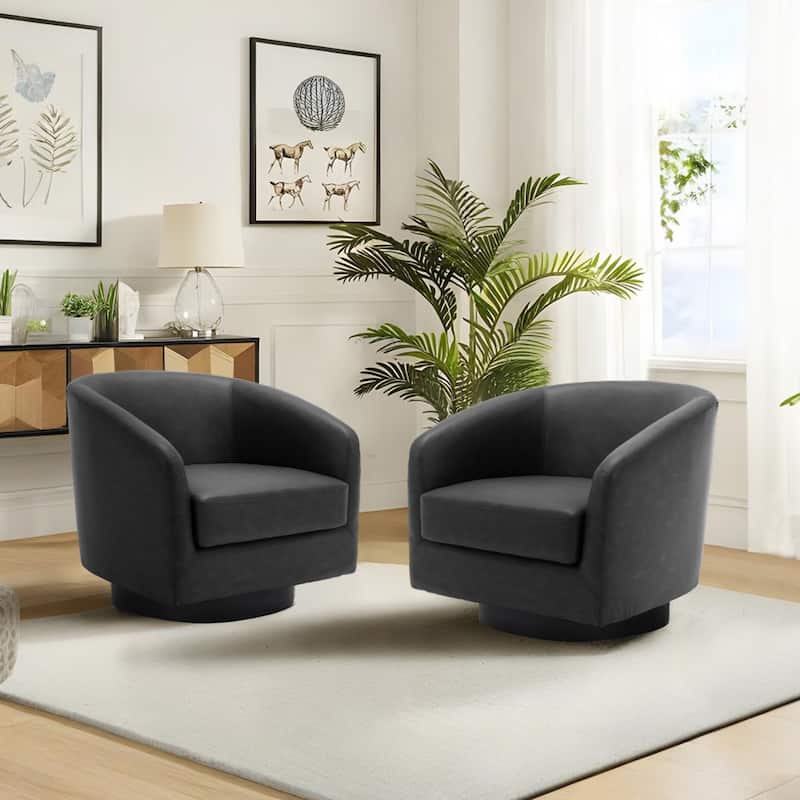 Modern Upholstered Swivel Barrel Club Arm Accent Chair for Living Room - 2 Set - Black-Faux Leather