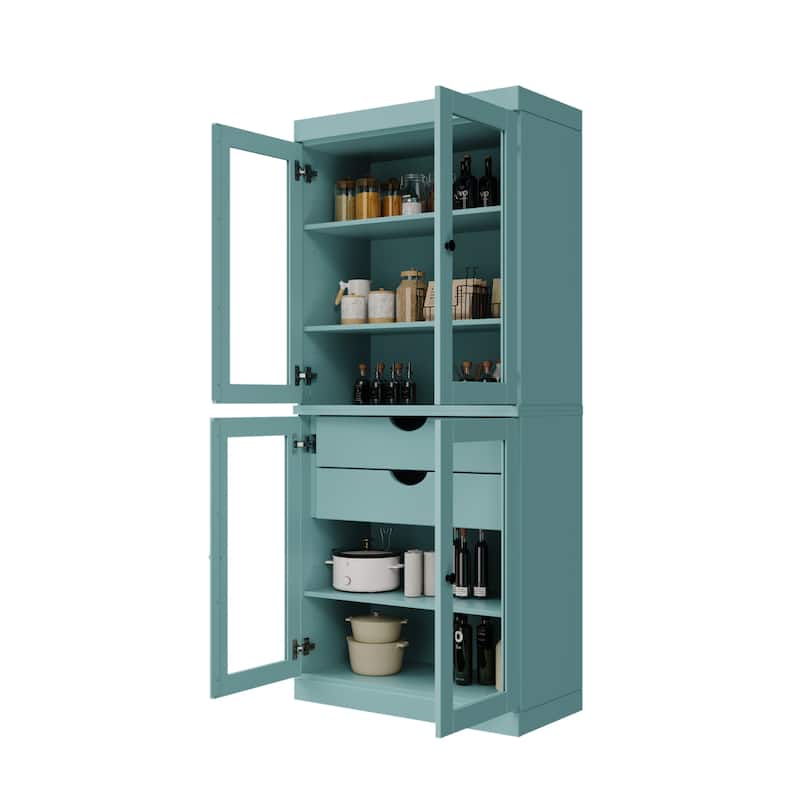 Palace Imports 100% Solid Wood Pantry Cabinet with Frosted, Clear Glass or Solid Doors, 2-Drawers and Adjustable Shelves