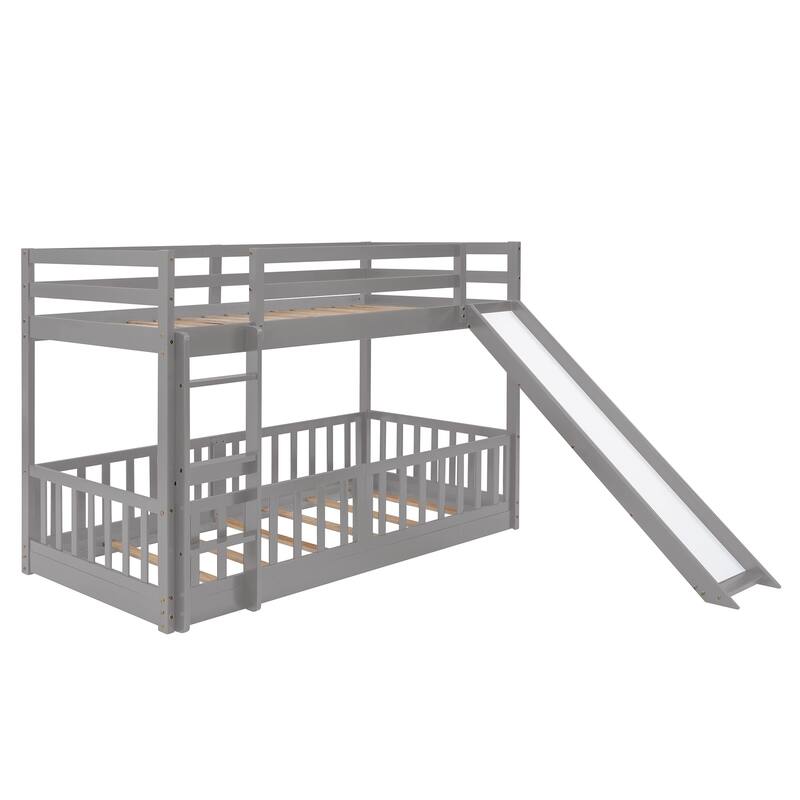 Twin Over Twin Bunk Bed with Slide and Convertible Ladder, Space-Saving Design