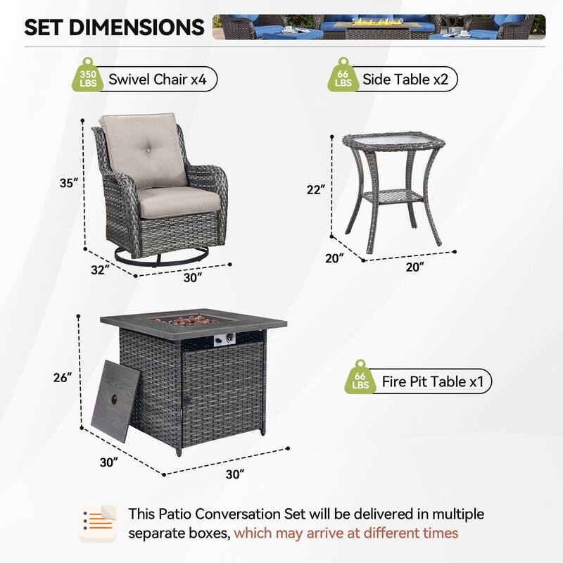 Pocassy Fire Pit Table with Sofa Swivel Chairs Set