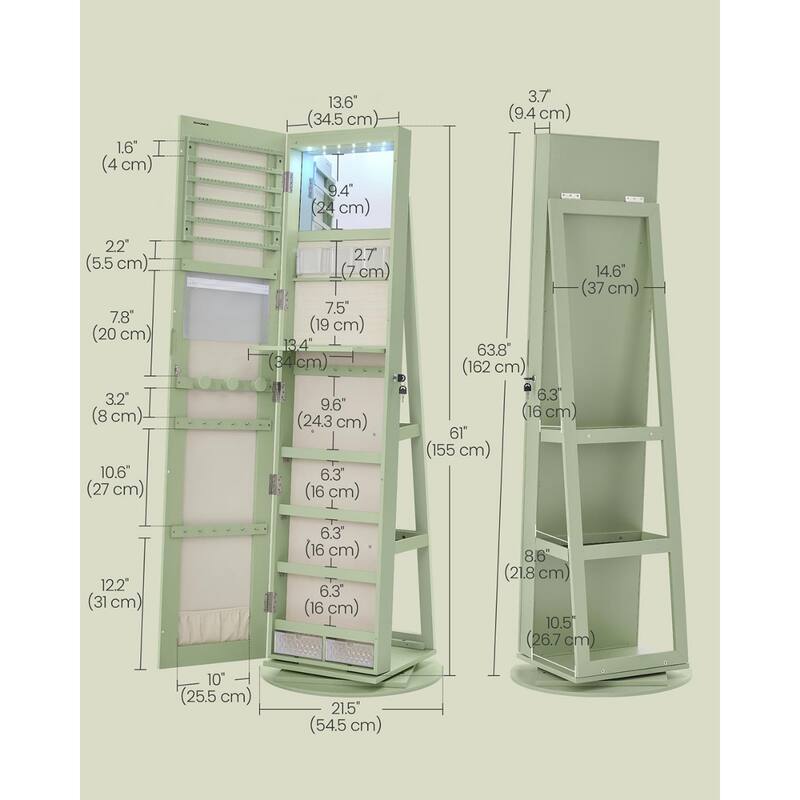 6 LEDs Lockable Mirror Jewelry Cabinet Laurel Green Surface Cream White Lining - Multi
