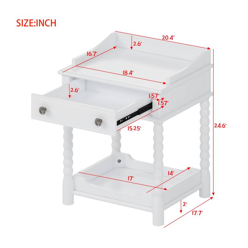 Wooden Nightstand with Drawer and Open Shelf, Accent Nightstand with Turned Legs, Sofa Side Table with Metal Handle