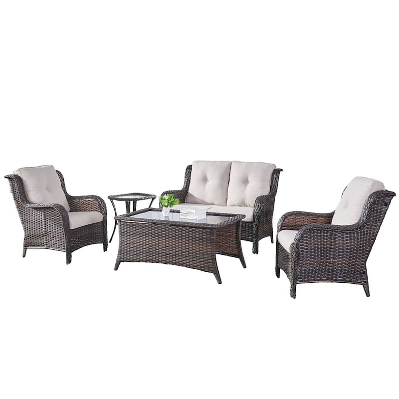 Pocassy 5 Pieces Outdoor Patio 2-Seat Sofa Chairs with Coffee Table