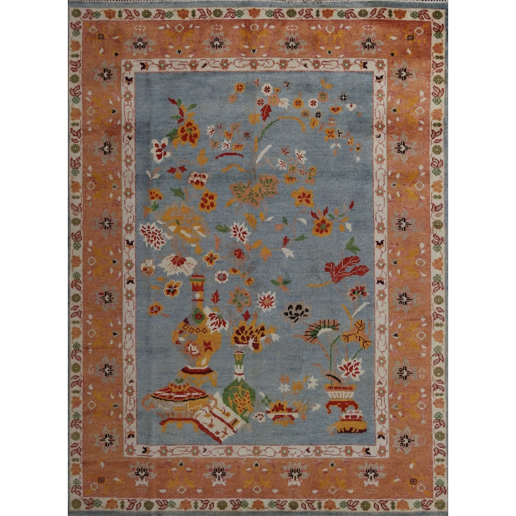 Hand Knotted Oriental 100% Wool Carpet Traditional Floral Navy Blue & Blues Art Deco Area Rug - 9' 9'' X 7' 10''