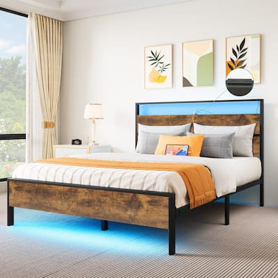 Queen LED Platform Bed Frame with Headboard and Tailboard