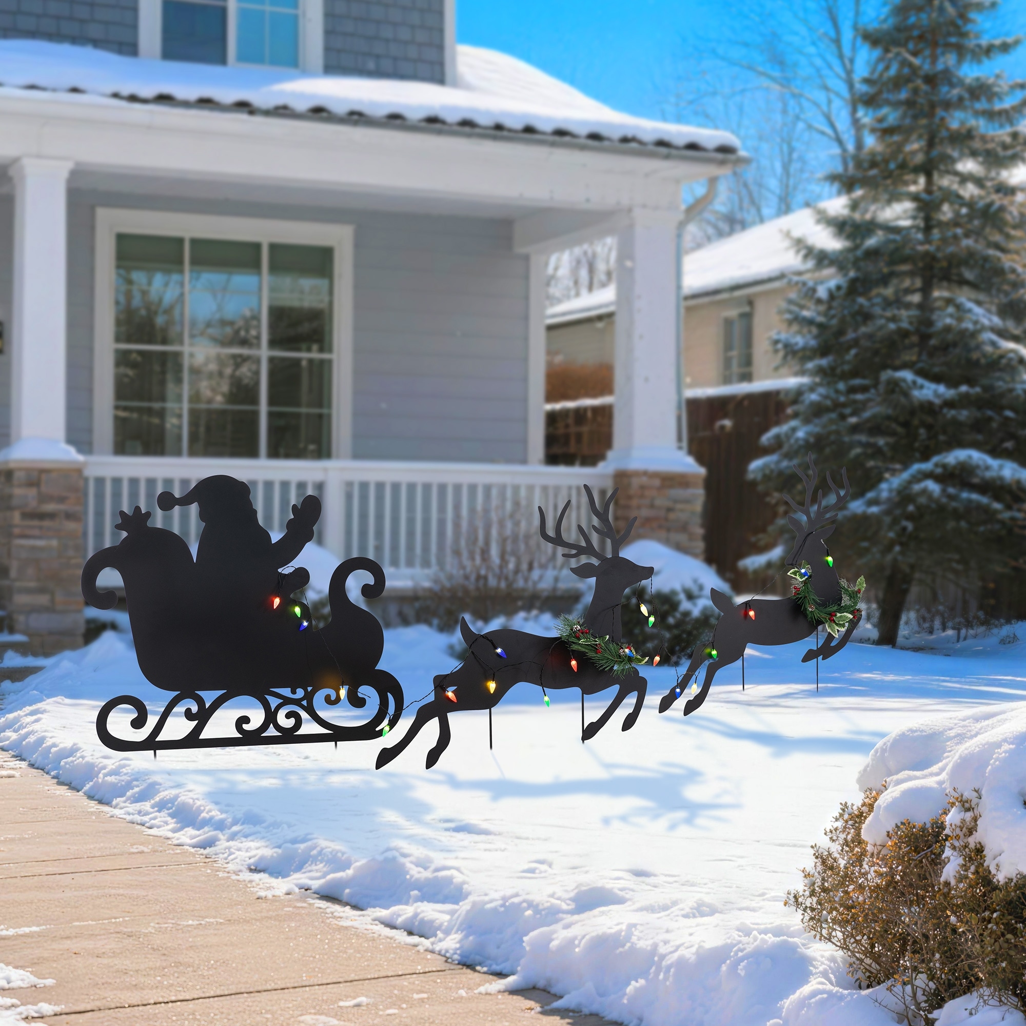 Glitzhome 36"H Set of 3 Christmas Lighted Metal Silhouette Holy Family Reindeer with Santa Sleigh Yard Stake with Timer