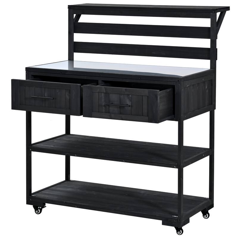Solid Wood 62.3'' Patio Kitchen Island Kitchen Cart with Stainless Table Top, Garden Potting Bench with Raised Shelf and Drawers