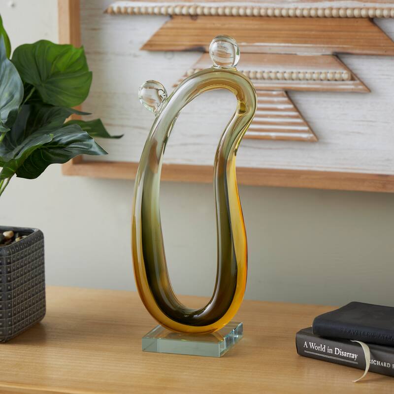 Orange Glass Curved Cutout Ombre Abstract Decorative Sculpture with 2 Small Orbs - Orange