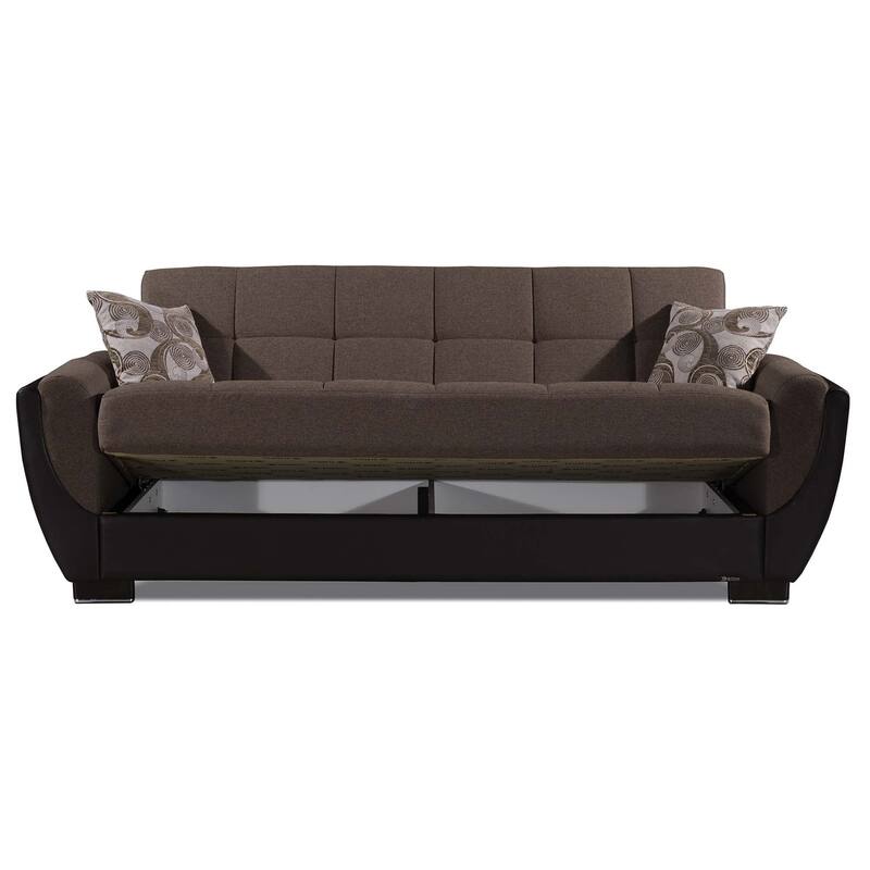 HomeRoots 93" Brown Chenille And Faux Leather Convertible Futon Sleeper Sofa And Toss Pillows With Storage