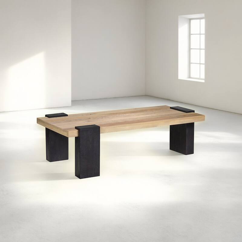 Bonne Coffee Table, 60 Inch Wide Rectangular Top, Handcrafted White Oak and Sandblasted Black