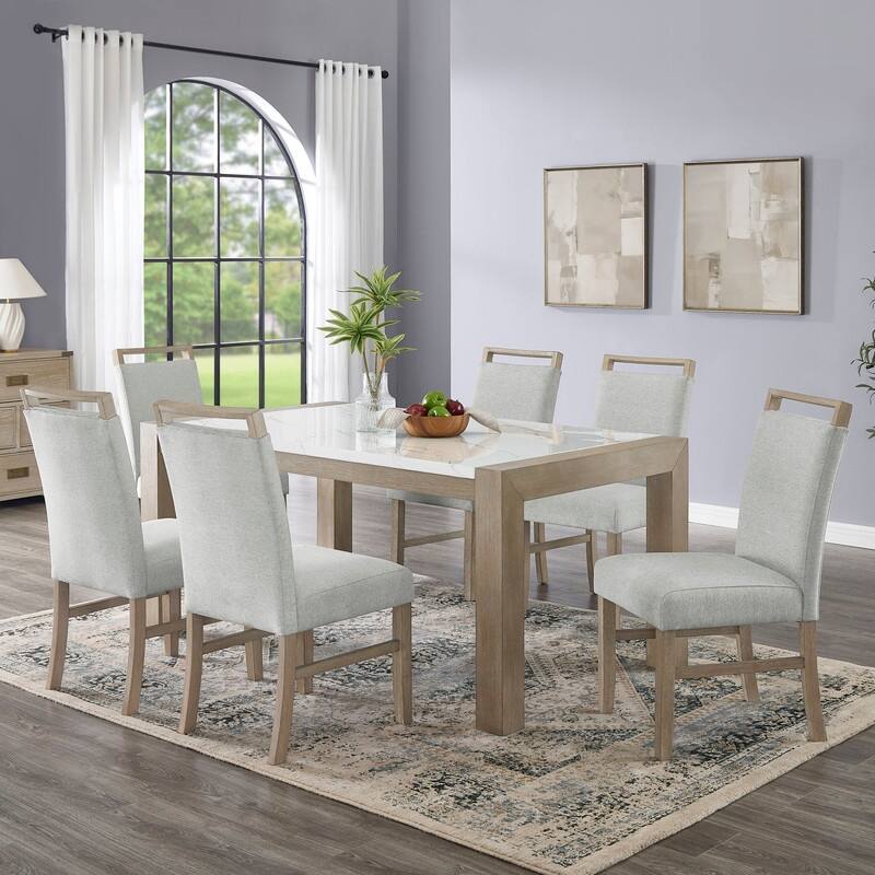 Tabitha 7Pc 66"W Rectangular White Faux Marble Top Dining Set in Light Oak Finish