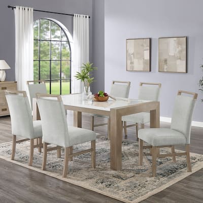 Tabitha 7Pc 66"W Rectangular White Faux Marble Top Dining Set in Light Oak Finish
