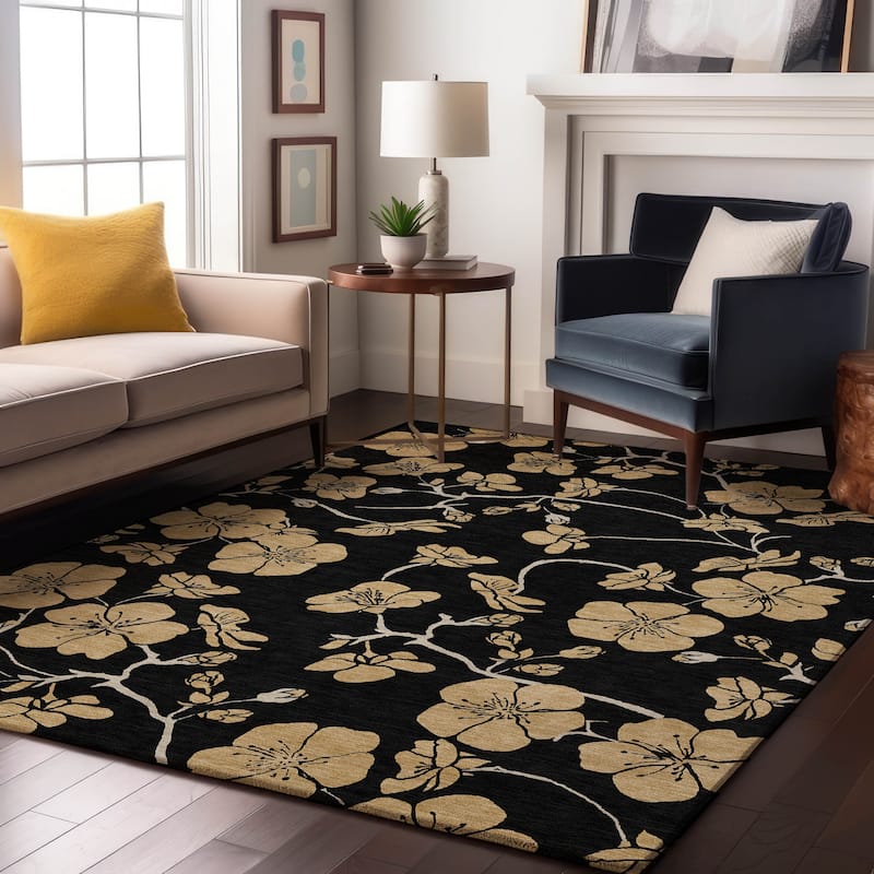 Premium Washable Super Soft Modern Floral Mayfield Rug - Black - 5' x 7'6"