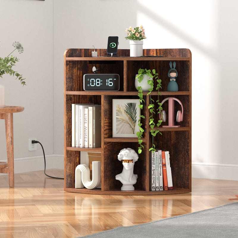 VECELO 4-Tier Adjustable Corner Bookshelf with Charging Station 3 AC Outlets & 2 USB Ports Waterproof Eco-Friendly Design - Brown