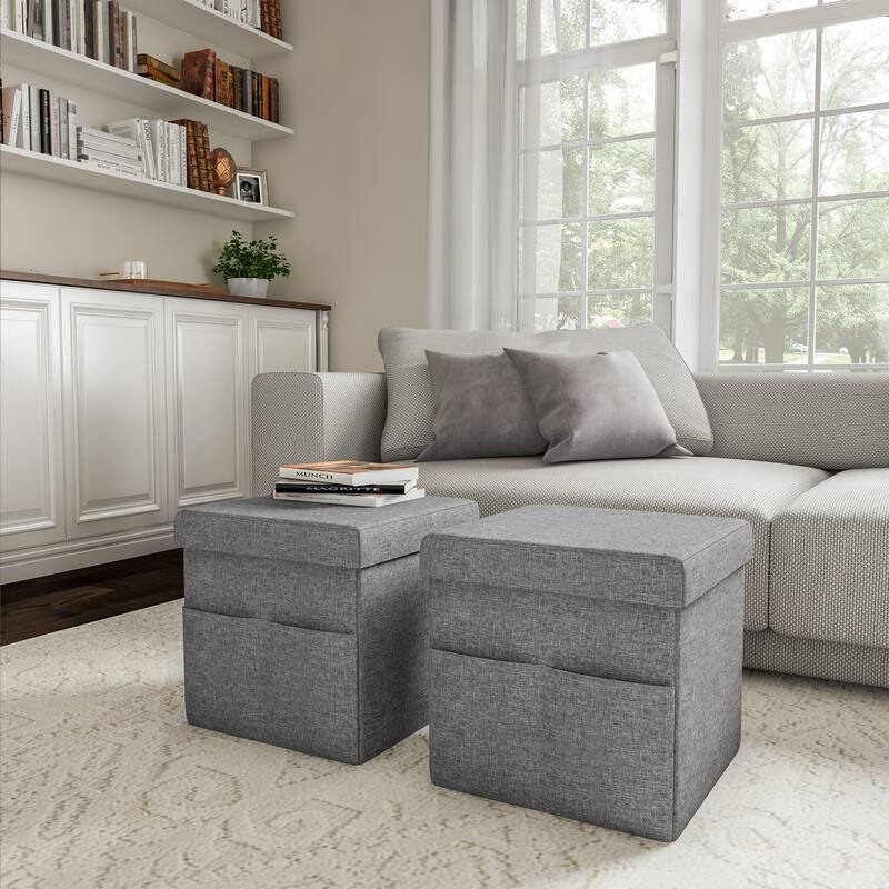 Lavish Home Set of 2 Folding Ottomans, Gray - Charcoal Gray - Small