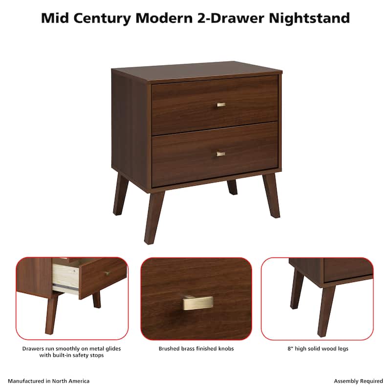 Prepac Milo Mid-Century Modern 2 Drawer Nightstand, Bedside Table, Contemporary Bedroom Furniture