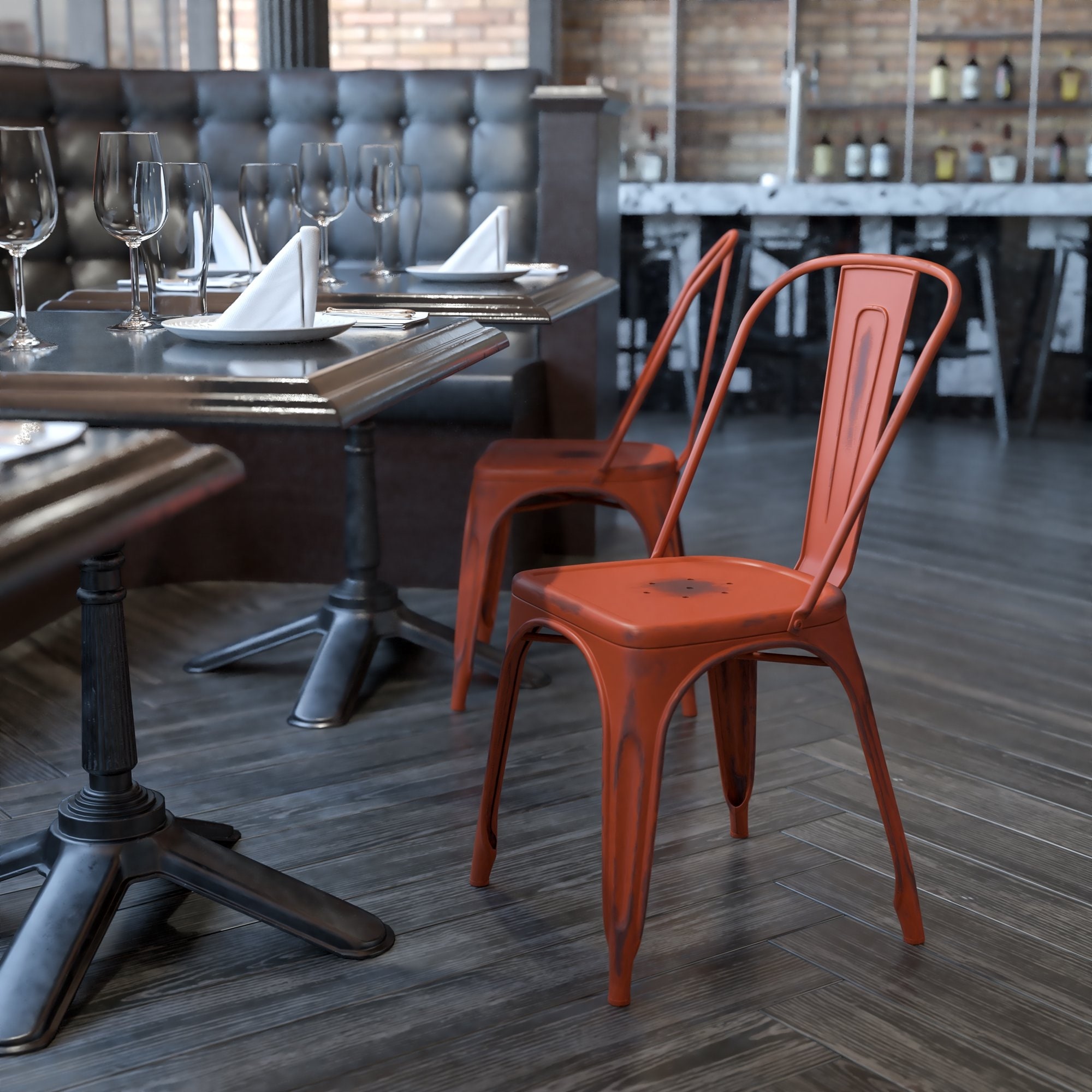 Distressed metal indoor and outdoor stackable dining chairs