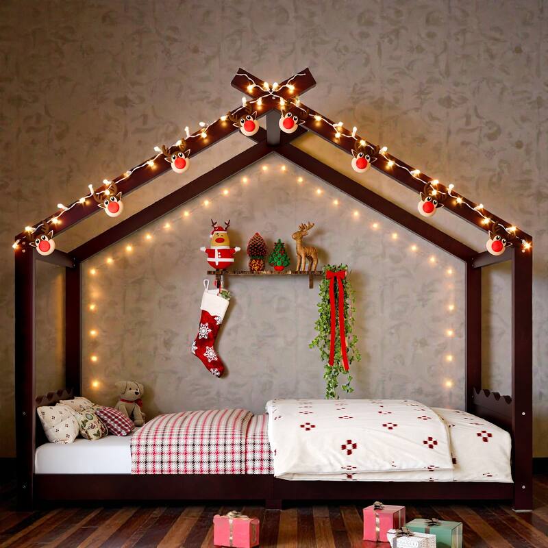 Kids Solid Wood House Floor Bed with Support Slats, Montessori Low Profile Bed, No Box Spring Needed