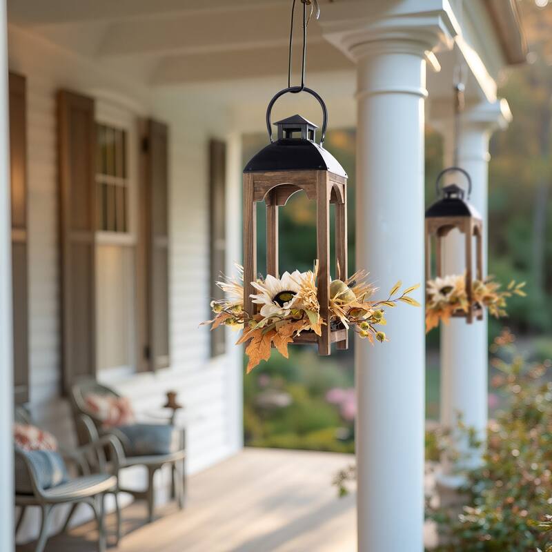 Glitzhome 20"H Fall Pumpkin Sunflower Pine Cone Wooden Hanging Lantern Table Centerpiece