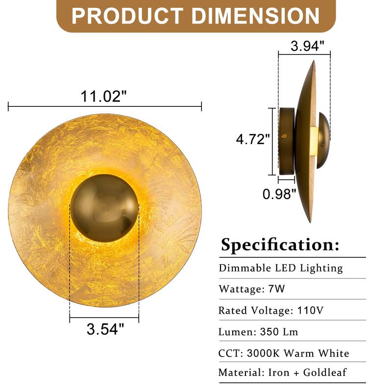 Gold Iron LED Wall Sconce with Interior Gold Leaf Finish Dimmable