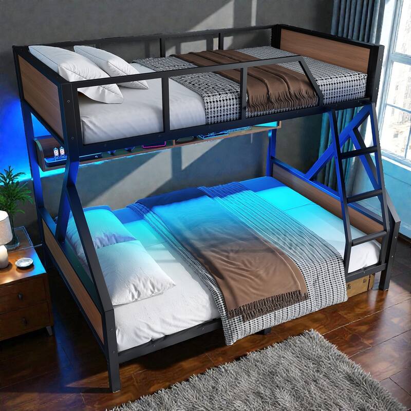Metal Bunk Bed with Storage Shelves and LED Lights, Space Saving Noise Free Bunk Bed Frame with Guardrails