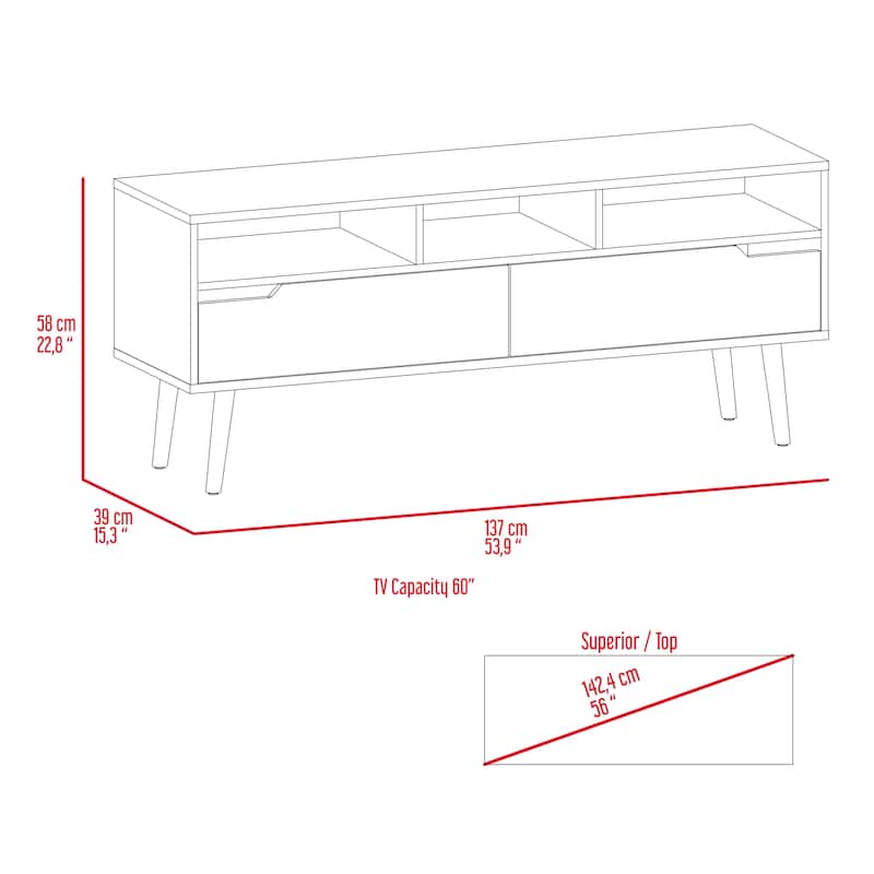 TV Stand for TV´s up 52" Bull, Three Open Shelves, Two Flexible Drawers, Dark Walnut Finish