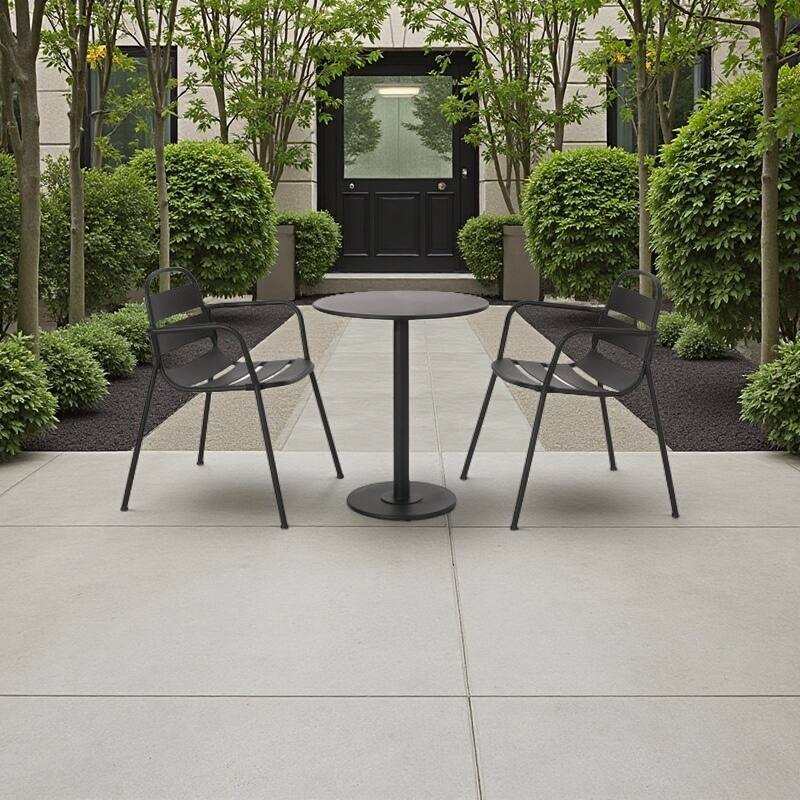 Sleek 3-Piece Outdoor Bistro Set with Powder-Coated Metal Frame, Matte Finish Table & Open Slat Chairs for Patio or Garden