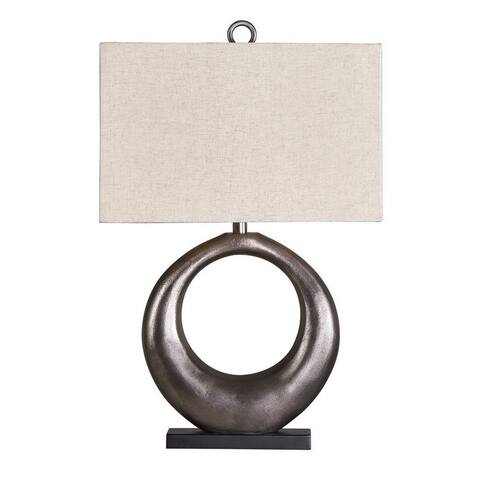 Metal Table Lamp with Center Cutout and Fabric Shade, Off White and Black