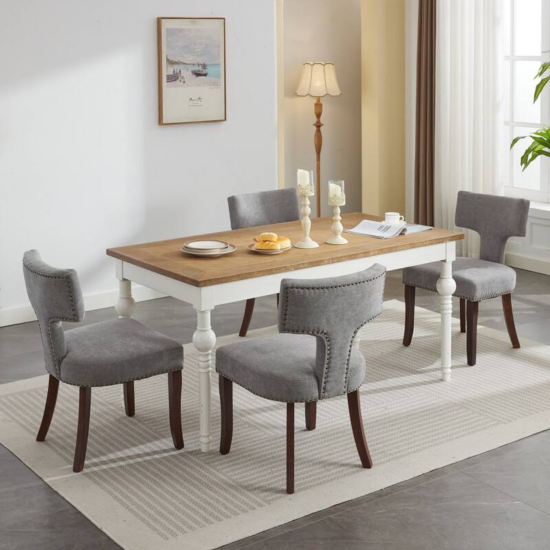 Modern Dining Chairs Set of 2, Linen Fabric Upholstered Accent Chair Curved Backrest with Copper Nails Around